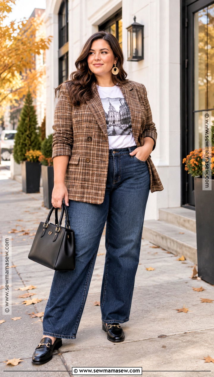 Plus Size Fall Plaid Blazer With T Shirt And Jeans - 15 fall style ideas for plus size
