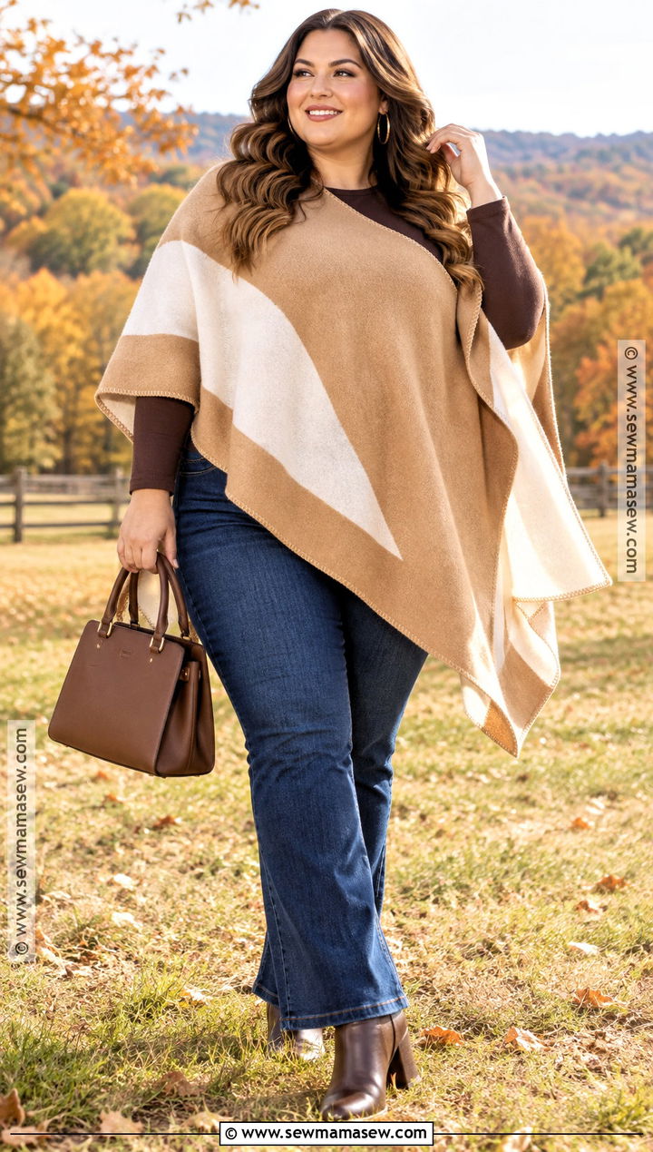 Plus Size Fall Poncho And Bootcut Jeans Outfit - 15 plus size fall outfit photoshoot ideas