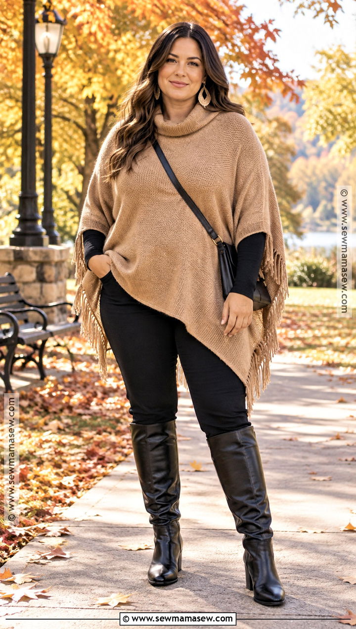 Plus Size Fall Poncho And Slim Pants Outfit - 15 Plus Size Fall Outfit Ideas Big Stomach