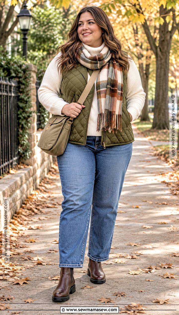 Plus Size Fall Quilted Vest and Jeans Outfit - 15 Fall Street Style Ideas for Plus Size
