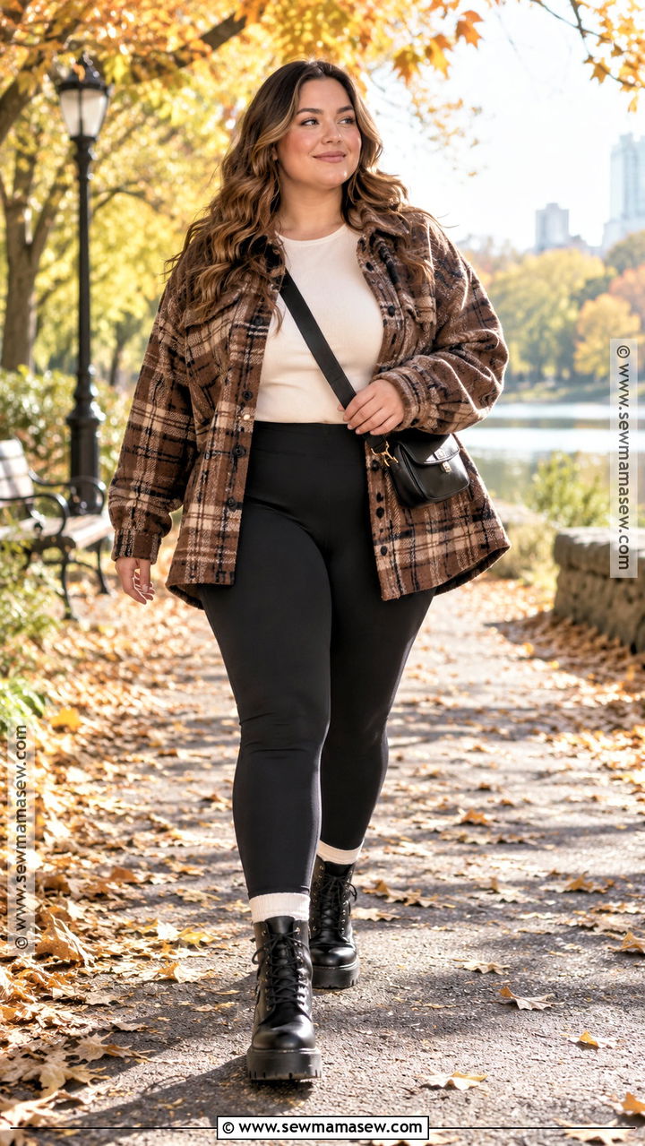 Plus Size Fall Shacket With Leggings And Combat Boots - 20 Fall Outfit Plus Size Casual Ideas