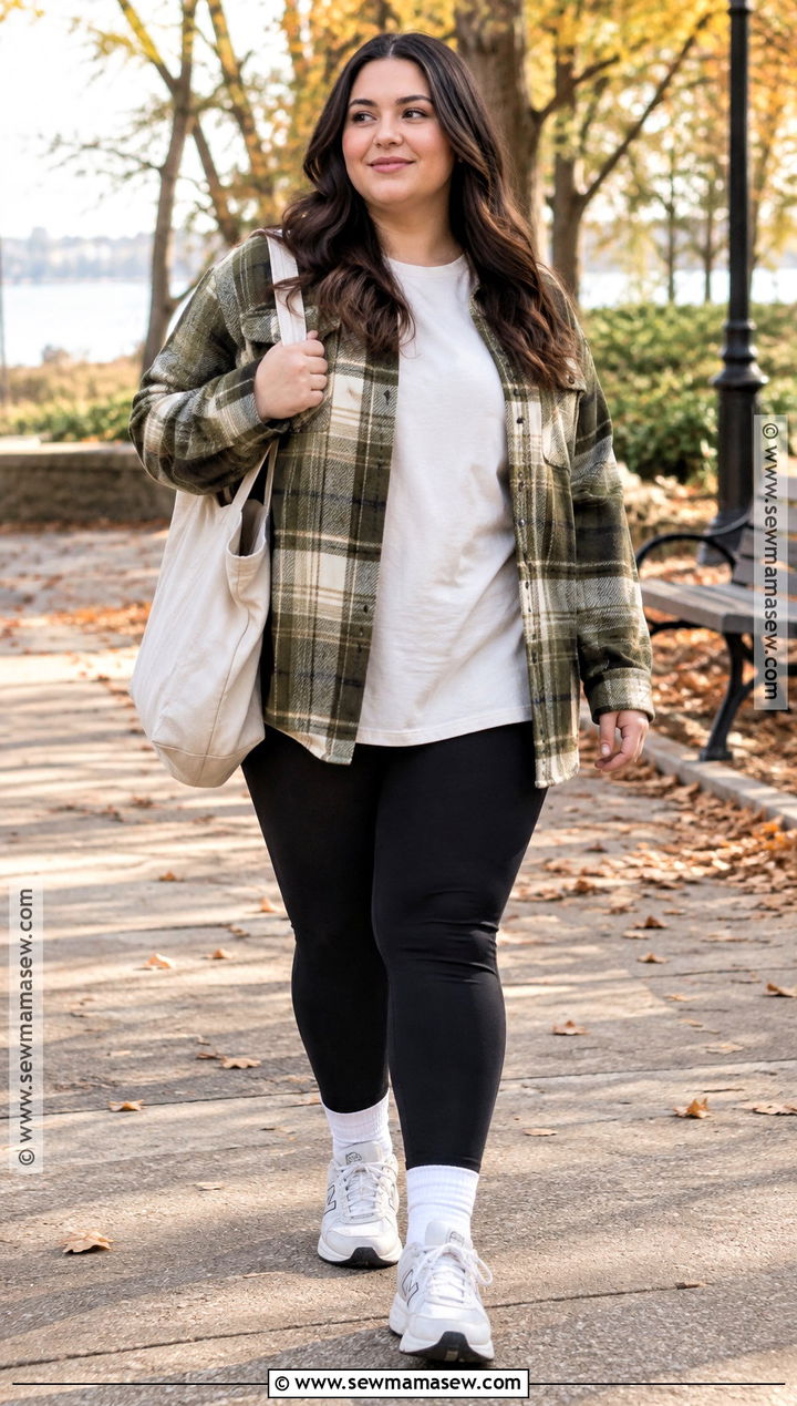 Plus Size Fall Shacket With Leggings And Sneakers - 15 fall style ideas for plus size