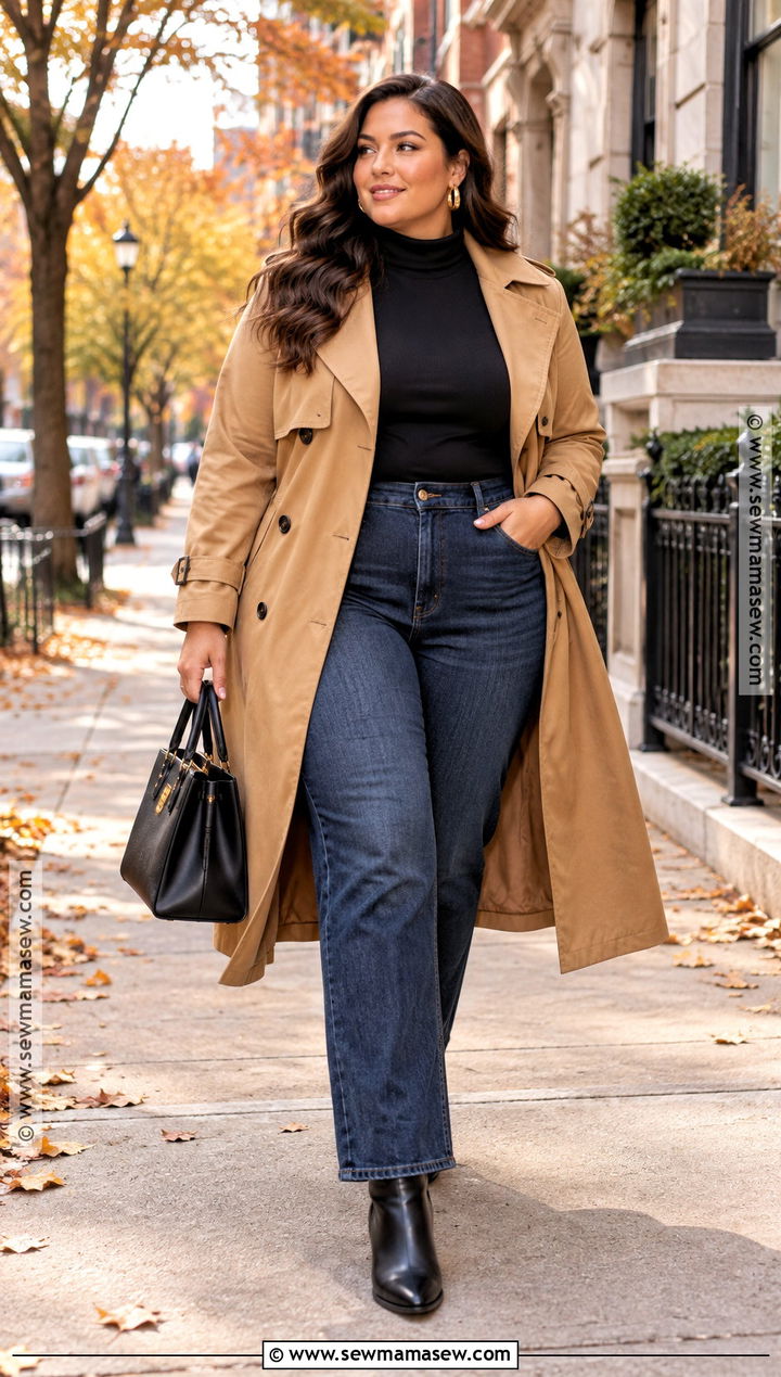 Plus Size Fall Trench Coat And Straight Leg Jeans Outfit - 15 plus size fall outfit photoshoot ideas