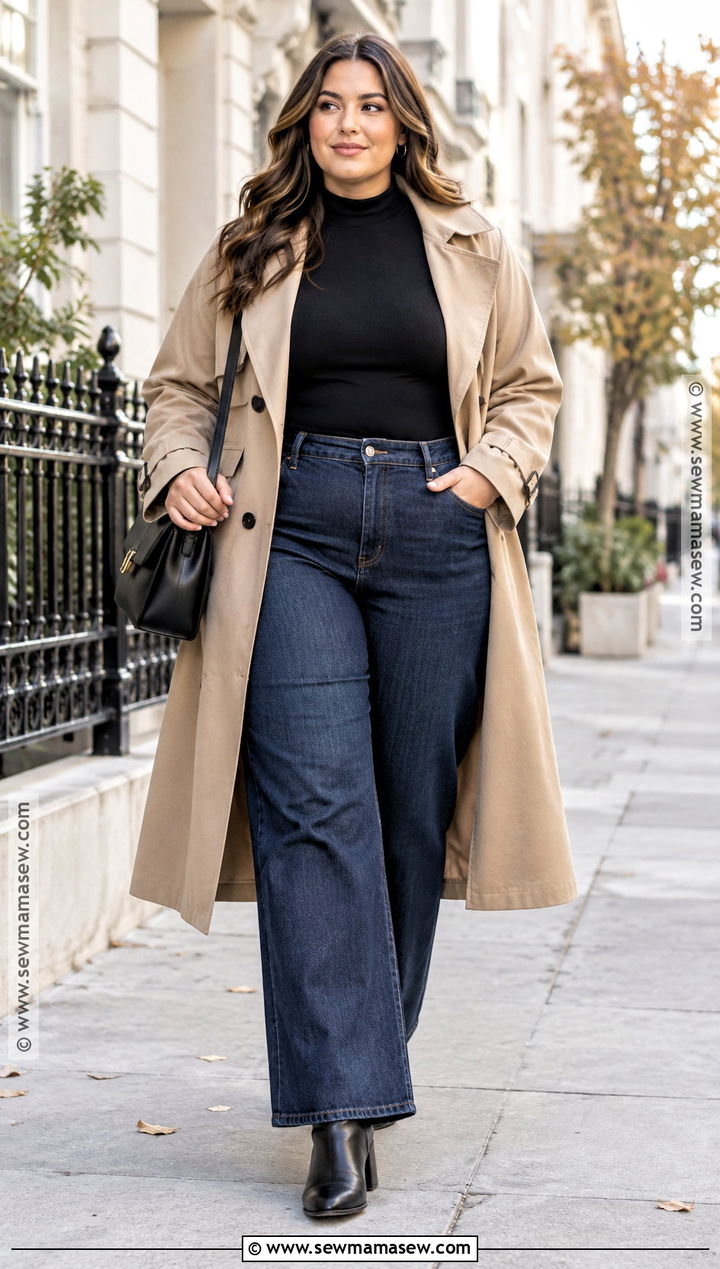 Plus Size Fall Trench Coat And Wide Leg Jeans Outfit - 15 fall capsule wardrobe 2026 casual ideas for plus size