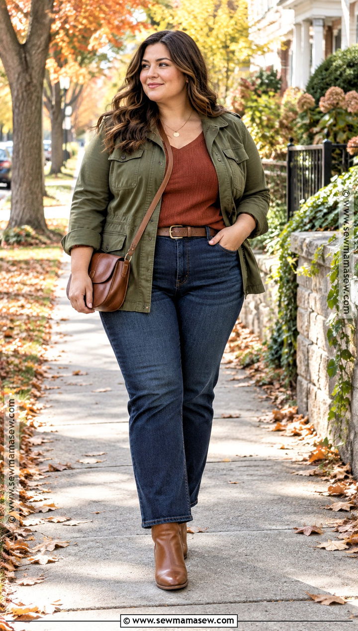 Plus Size Fall Utility Jacket And Dark Jeans Outfit - 15 plus size fall outfit photoshoot ideas