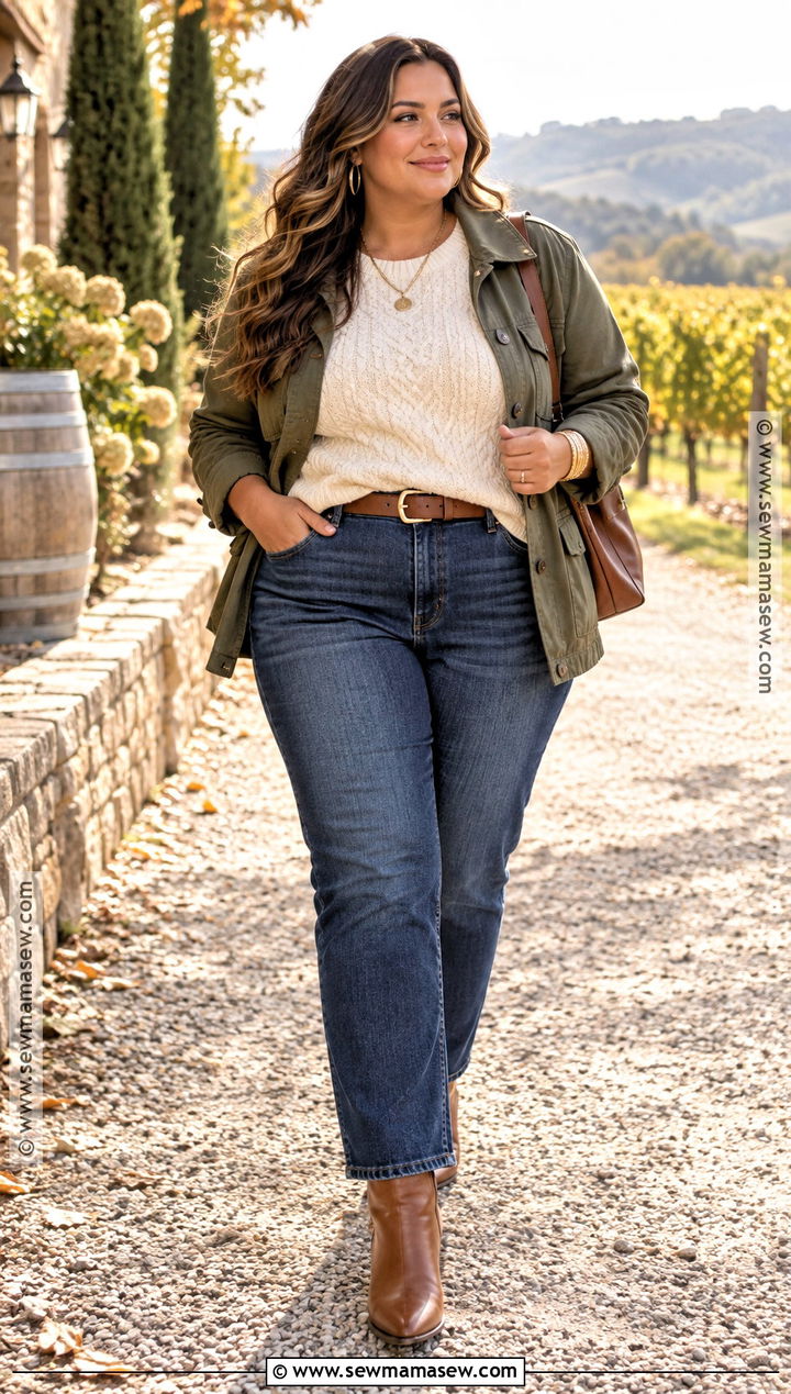 Plus Size Fall Winery Dark Jeans And Cream Sweater Outfit - 15 fall winery outfits for plus size