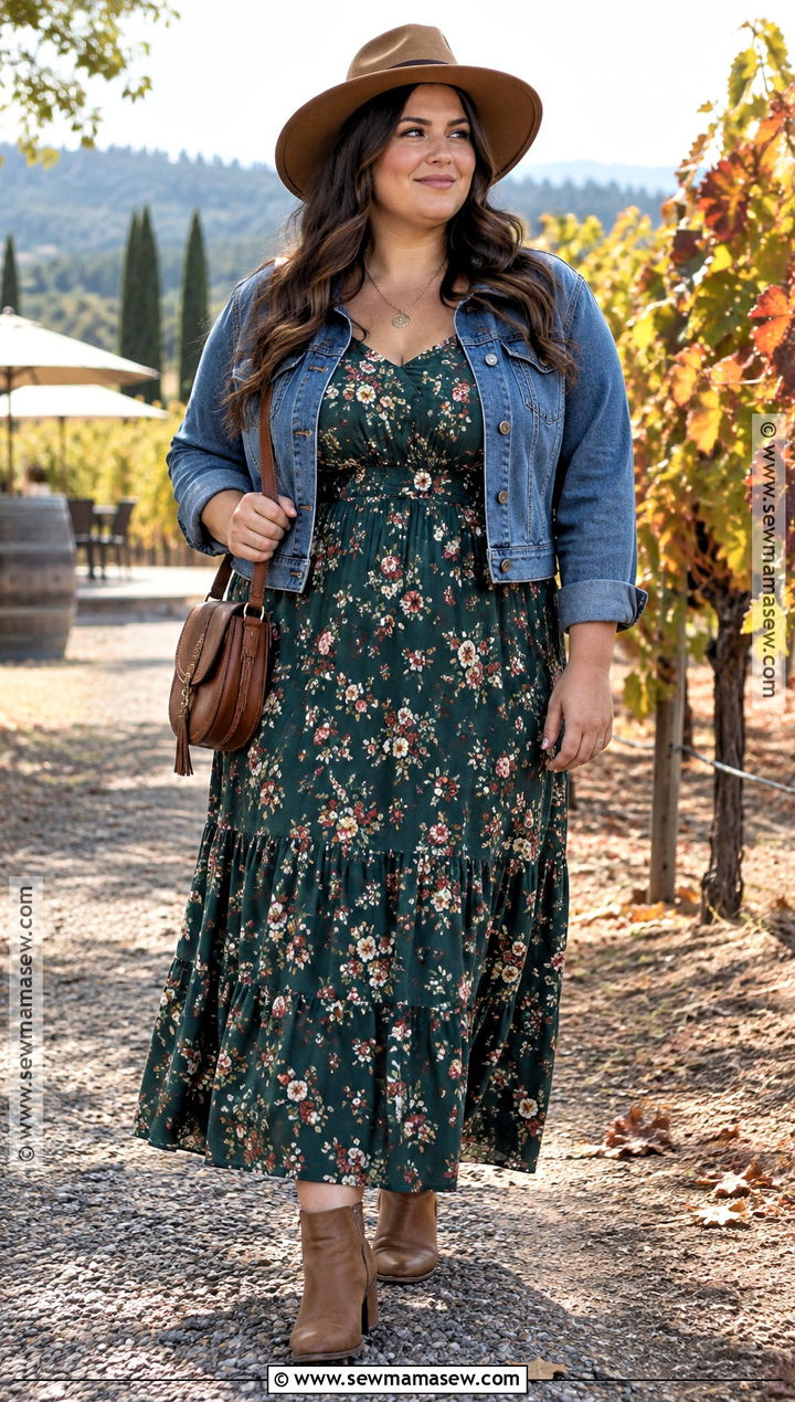 Plus Size Fall Winery Maxi Dress And Denim Jacket Outfit - 15 fall winery outfits for plus size