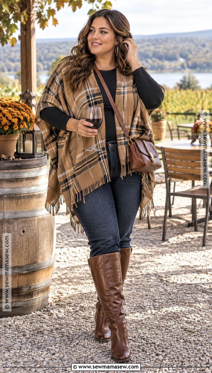 Plus Size Fall Winery Poncho And Straight Leg Jeans Outfit - 15 fall winery outfits for plus size