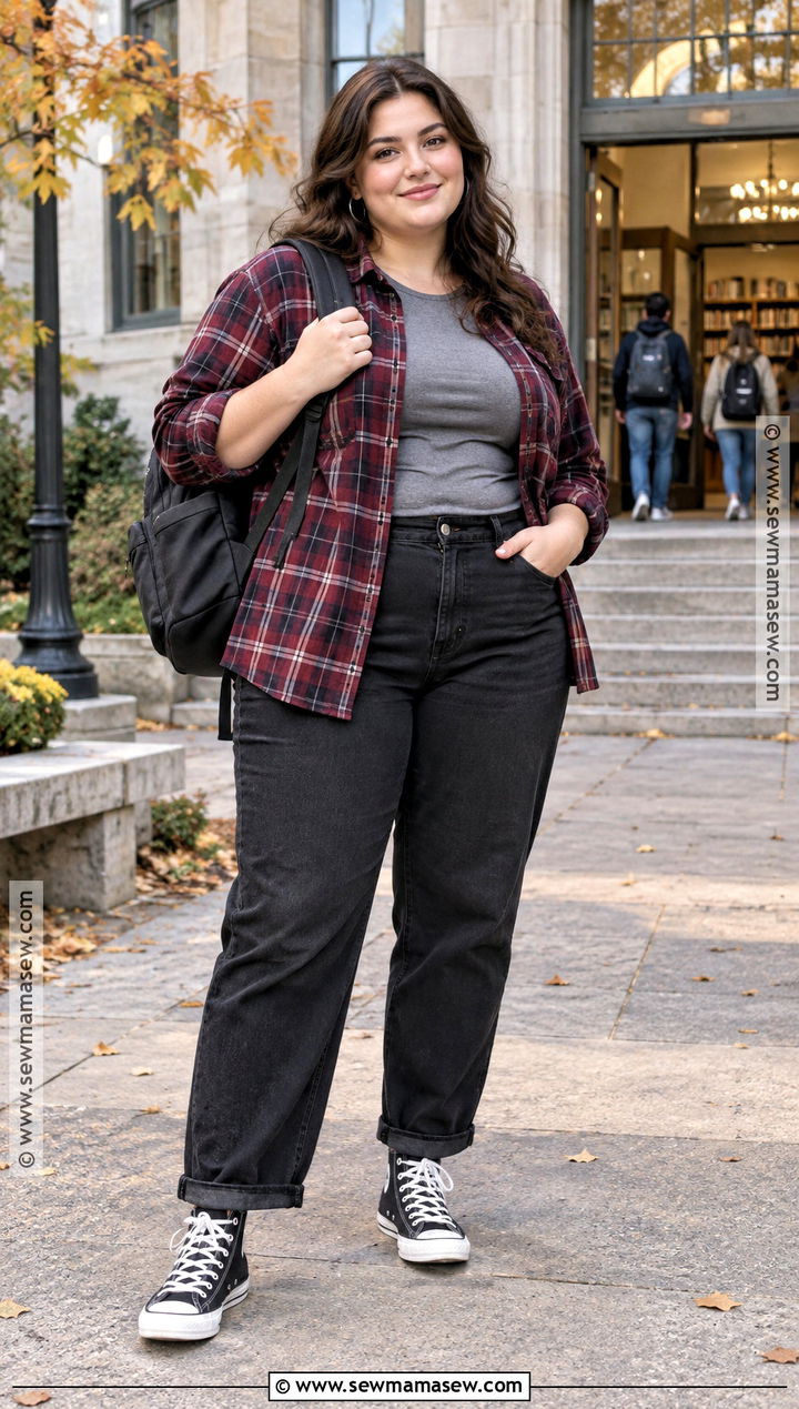 Plus Size Flannel Shirt And Black Jeans Outfit - 20 plus size back to school outfits