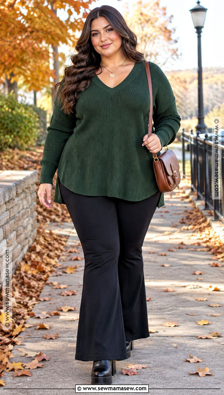 Plus Size Flared Leggings With Tunic Sweater And Boots - 20 Flared Leggings Outfit Autumn