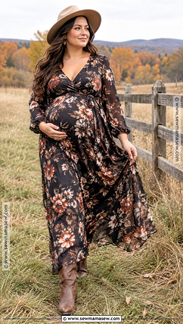 Plus Size Floral Maternity Maxi Dress With Western Boots - 15 fall maternity outfits for photoshoot for plus size