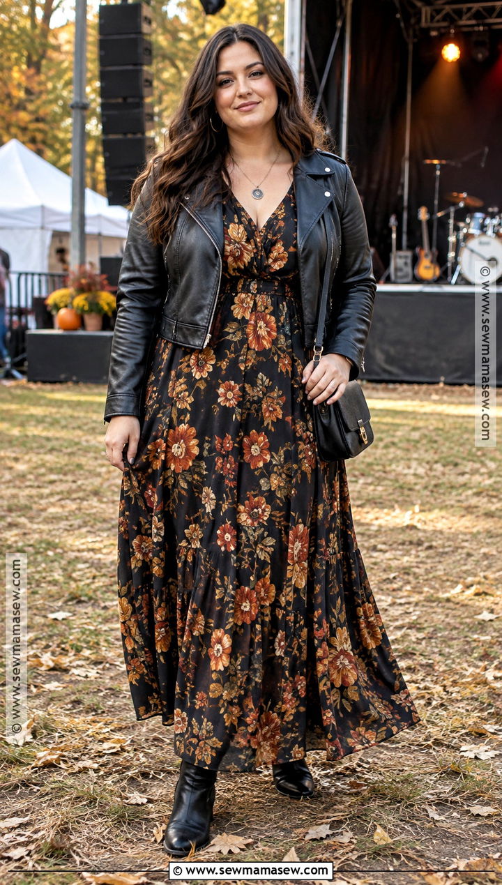 Plus Size Floral Maxi Dress With Moto Jacket - 15 date night fall outfits for plus size