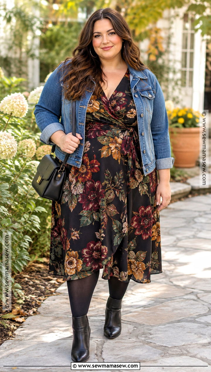 Plus Size Floral Midi Dress And Denim Jacket Outfit - 20 Cute Fall Plus Size Outfits