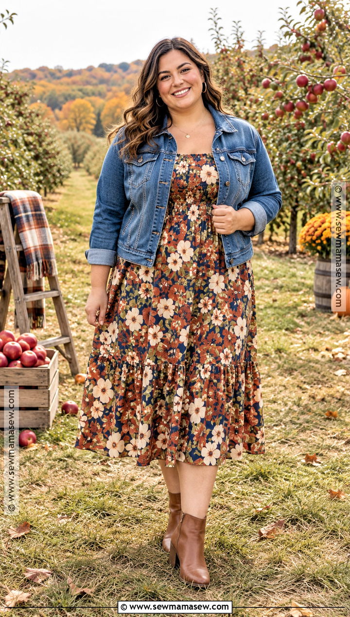 Plus Size Floral Midi Dress And Denim Jacket - 15 plus size family photo outfits fall