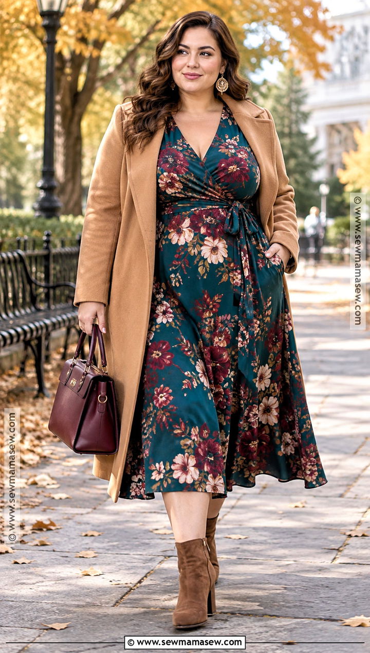Plus Size Floral Wrap Dress With Belted Coat - 15 Fall Floral Dress Outfit Ideas