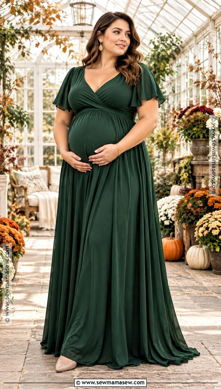 Plus Size Forest Green Maternity Gown With Gold Accessories - 15 fall maternity outfits for photoshoot for plus size