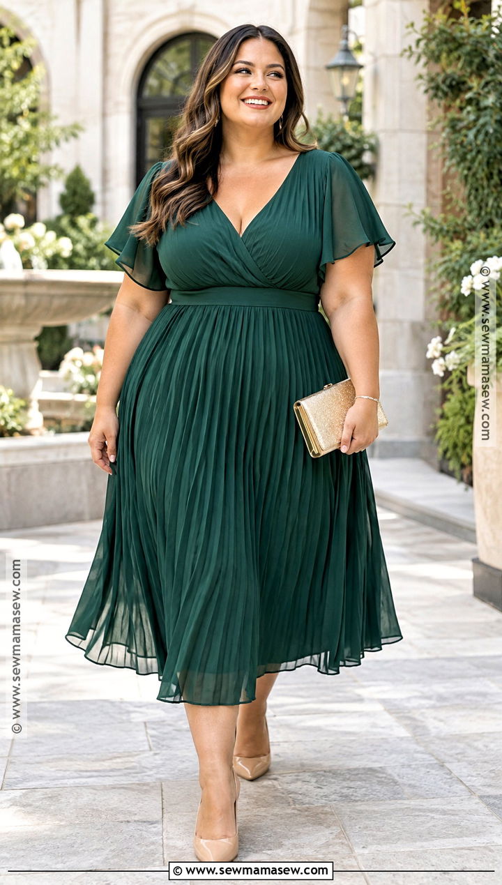 Plus Size Forest Green Pleated Dress Outfit - 15 september wedding guest dress ideas for plus size