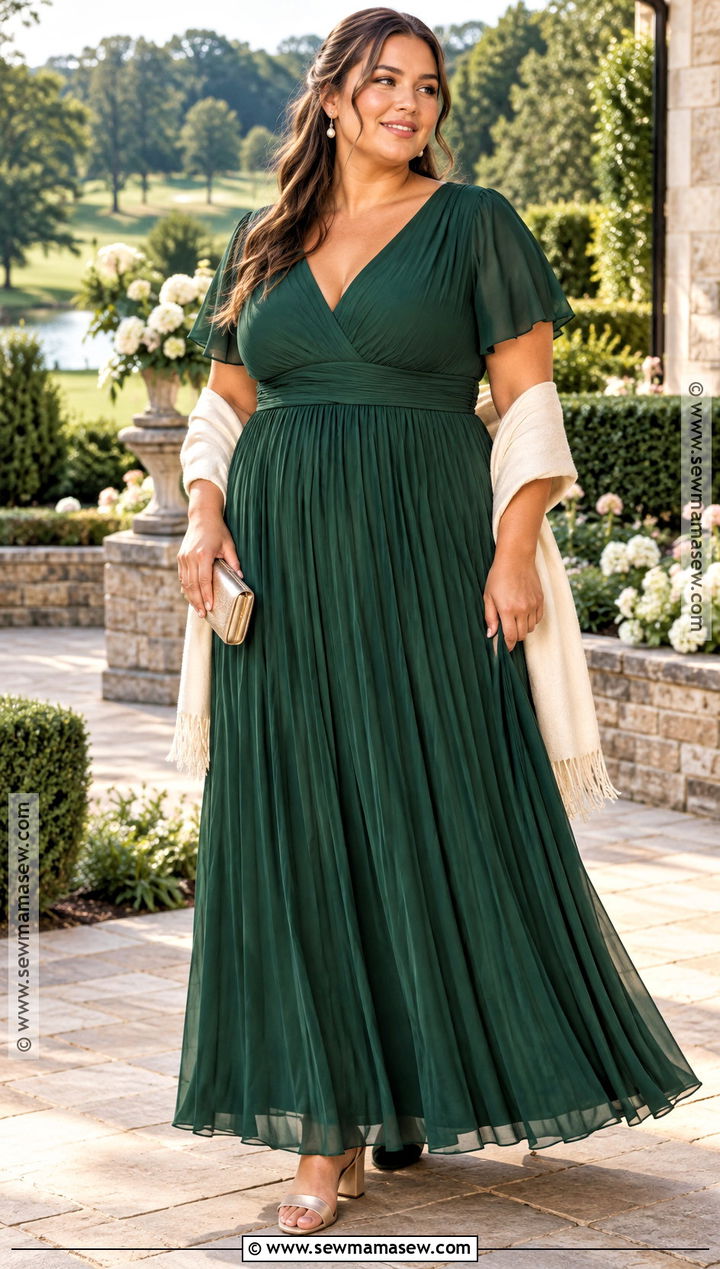 Plus Size Forest Green Pleated Maxi Dress - 20 fall wedding dress ideas for plus size