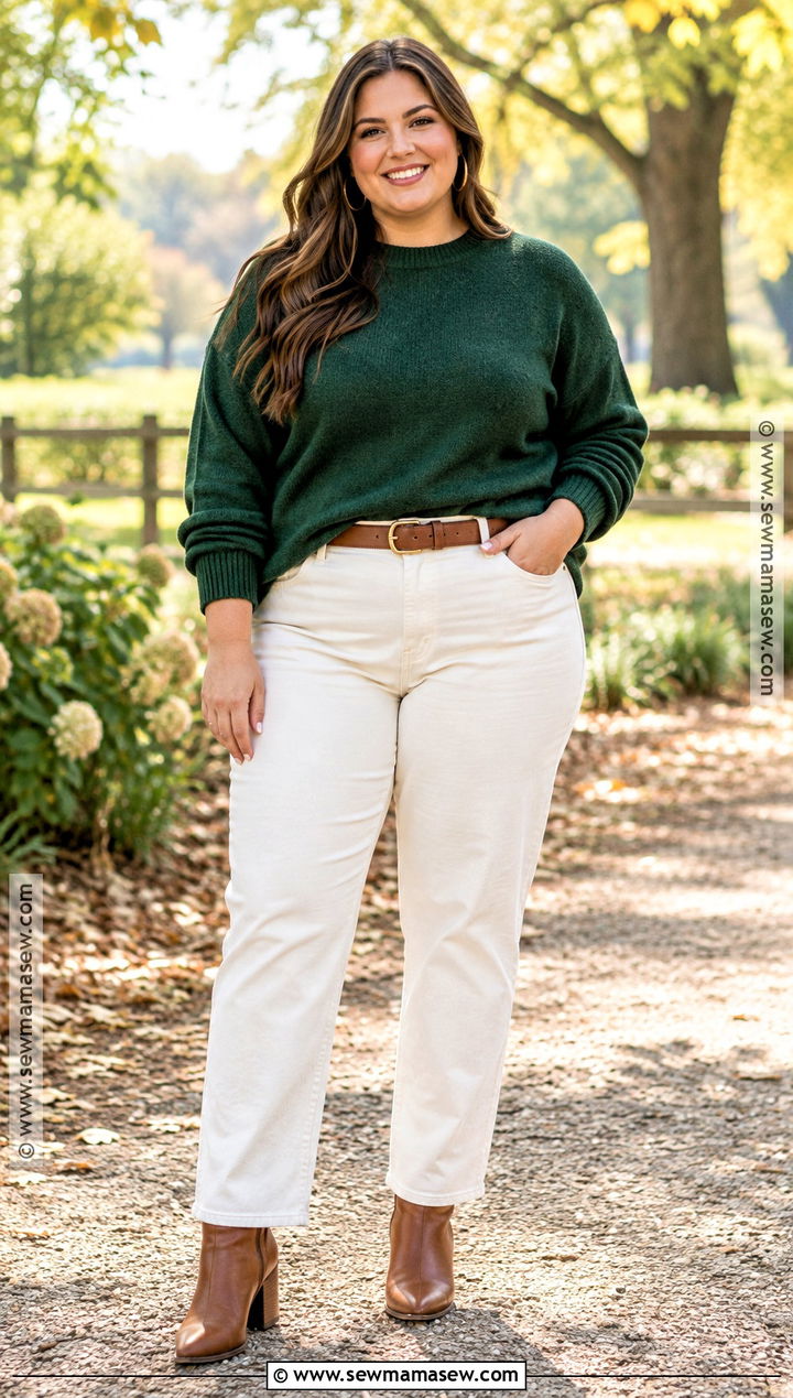 Plus Size Forest Green Sweater And Cream Jeans - 15 plus size family photo outfits fall