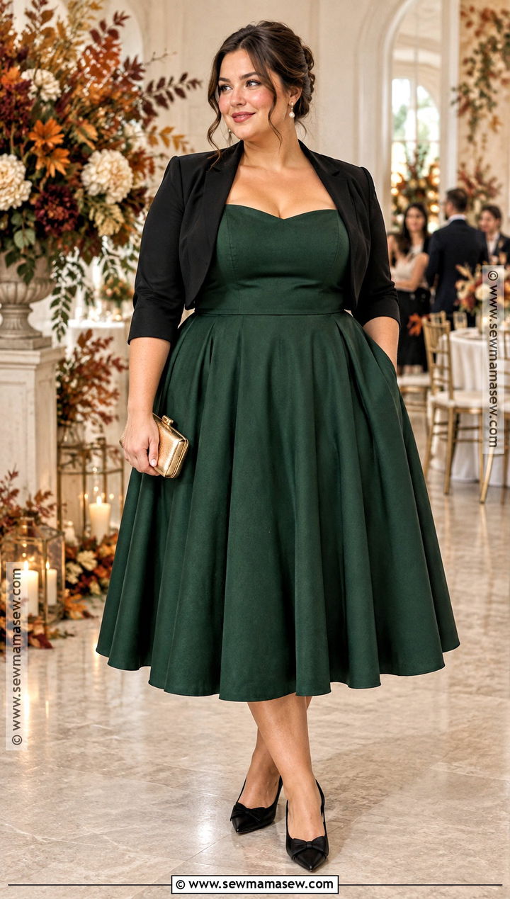 Plus Size Forest Green Tea Length Dress Outfit - 20 Fall Plus Size Wedding Guest Outfit Ideas