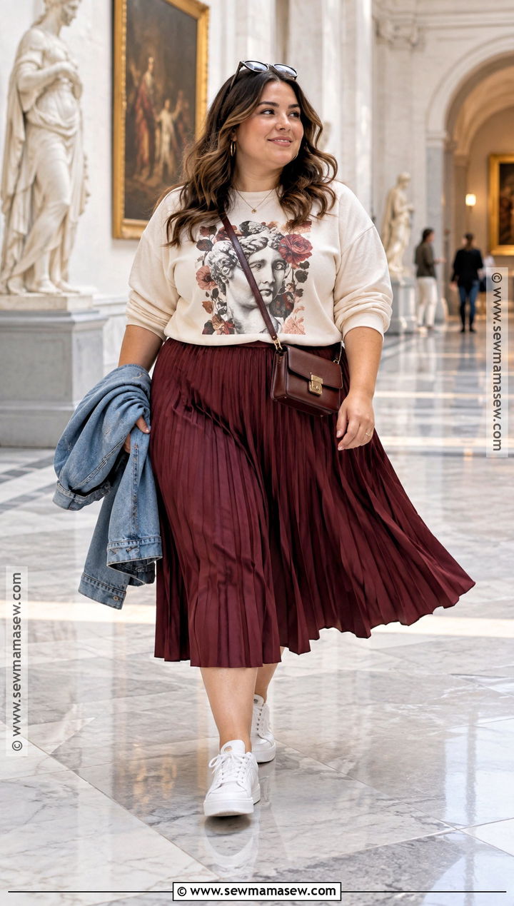 Plus Size Graphic Sweatshirt and Pleated Skirt Outfit - 30 plus size fall outfit ideas