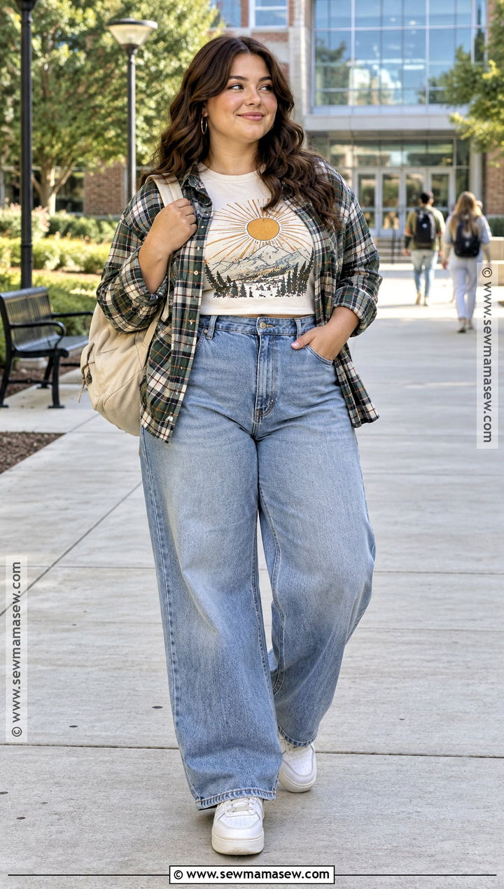 Plus Size Graphic Tee And Wide Leg Jeans Outfit - 15 back to school outfits plus size style