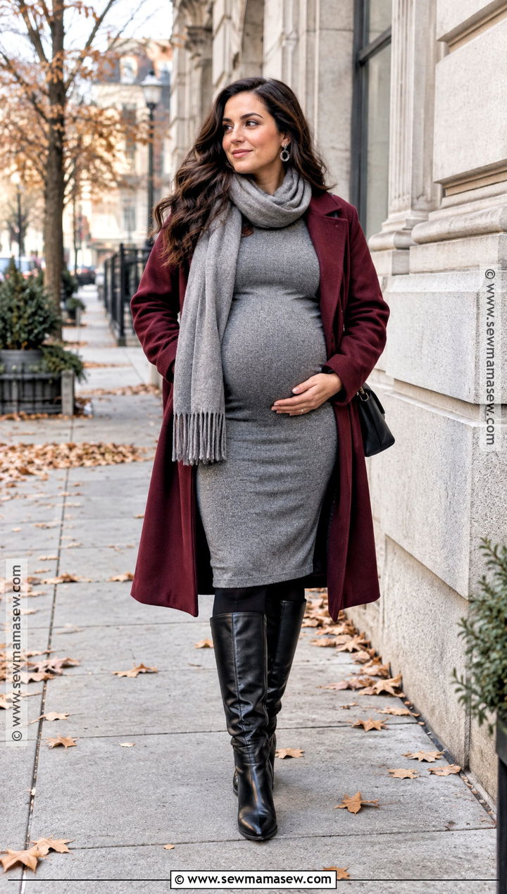 Plus Size Gray Maternity Dress With A Burgundy Coat - 15 fall maternity outfits for photoshoot for plus size