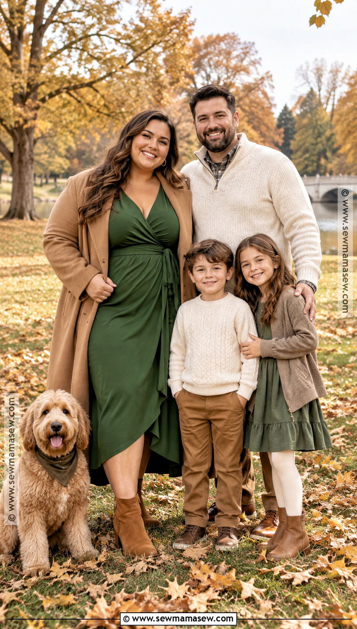 Plus Size Green Wrap Dress With Neutral Family Outfits - 15 Green Dress Fall Family Photos Ideas