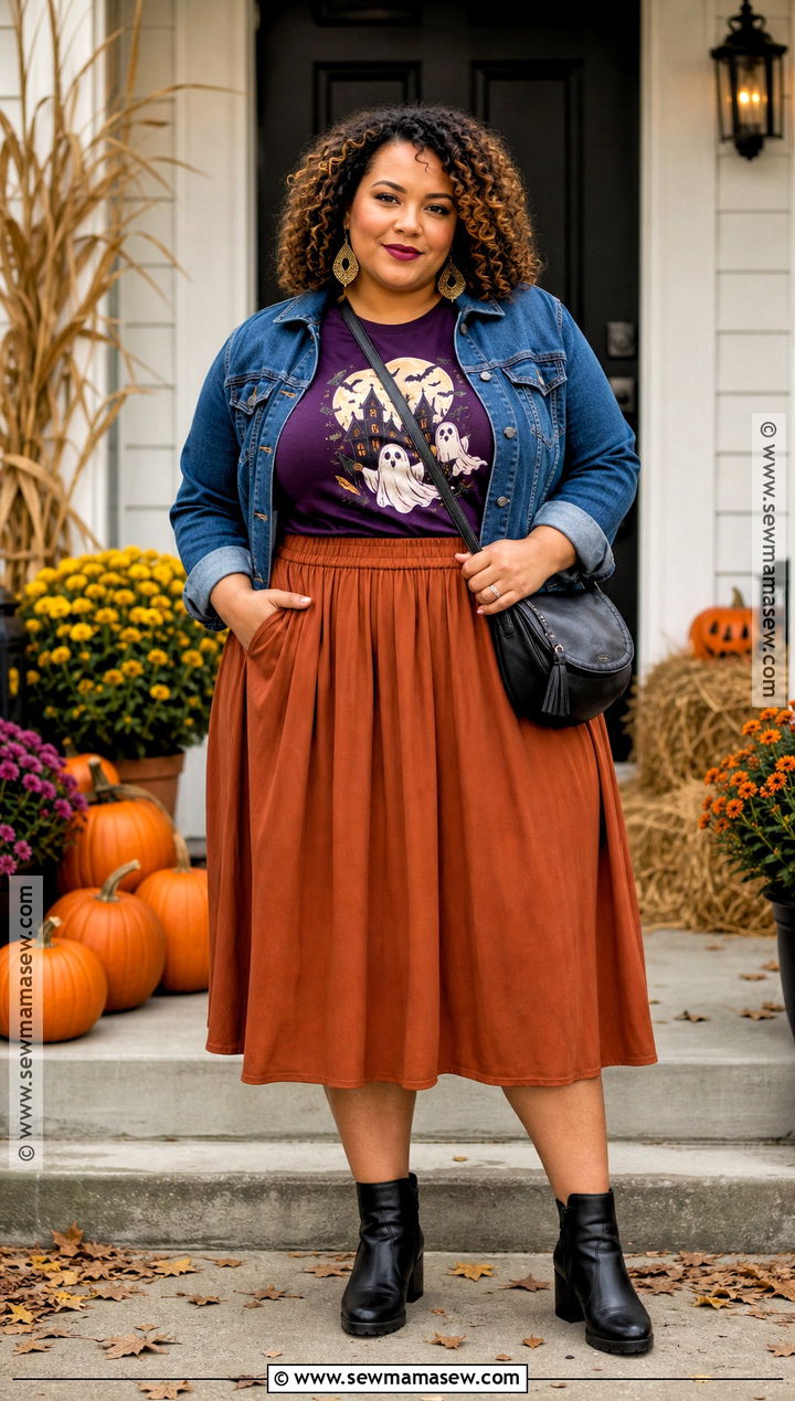 Plus Size Halloween Shirt With Midi Skirt - 35 Halloween Shirt Ideas