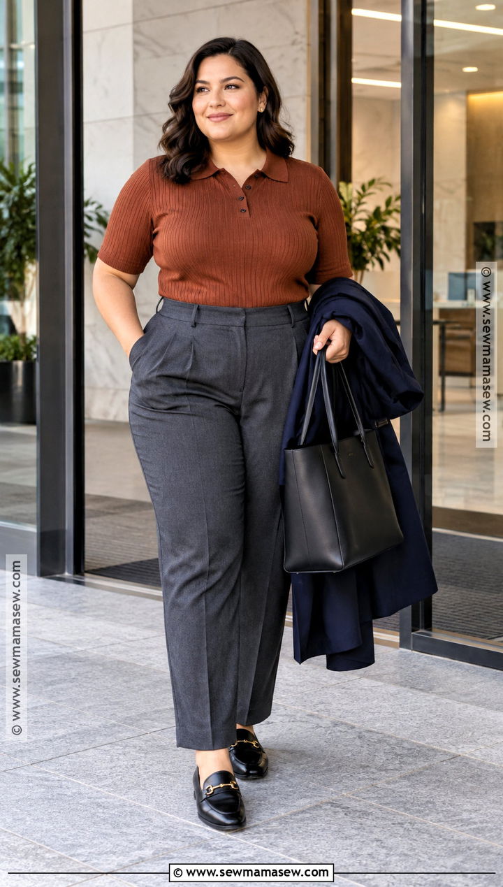 Plus Size Knit Polo And Tailored Pants Outfit - 15 Fall Business Casual Outfits Office Wear for Plus Size