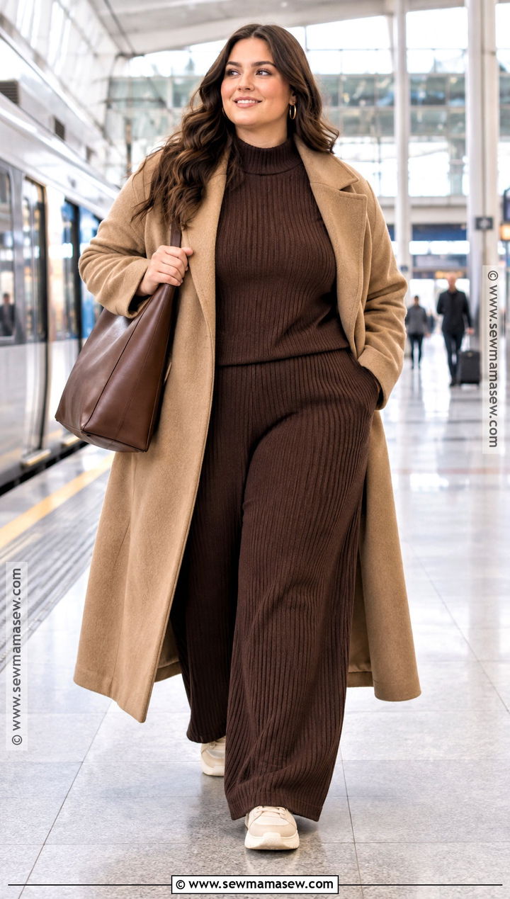 Plus Size Knit Set and Long Coat Outfit - 30 plus size fall outfit ideas