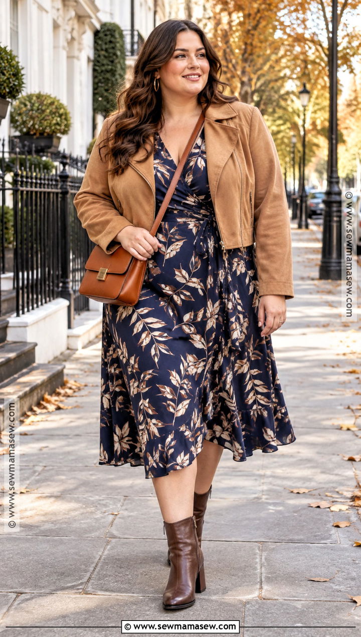 Plus Size Leaf Print Midi Dress Outfit - 15 Fall Leaf Dress Ideas