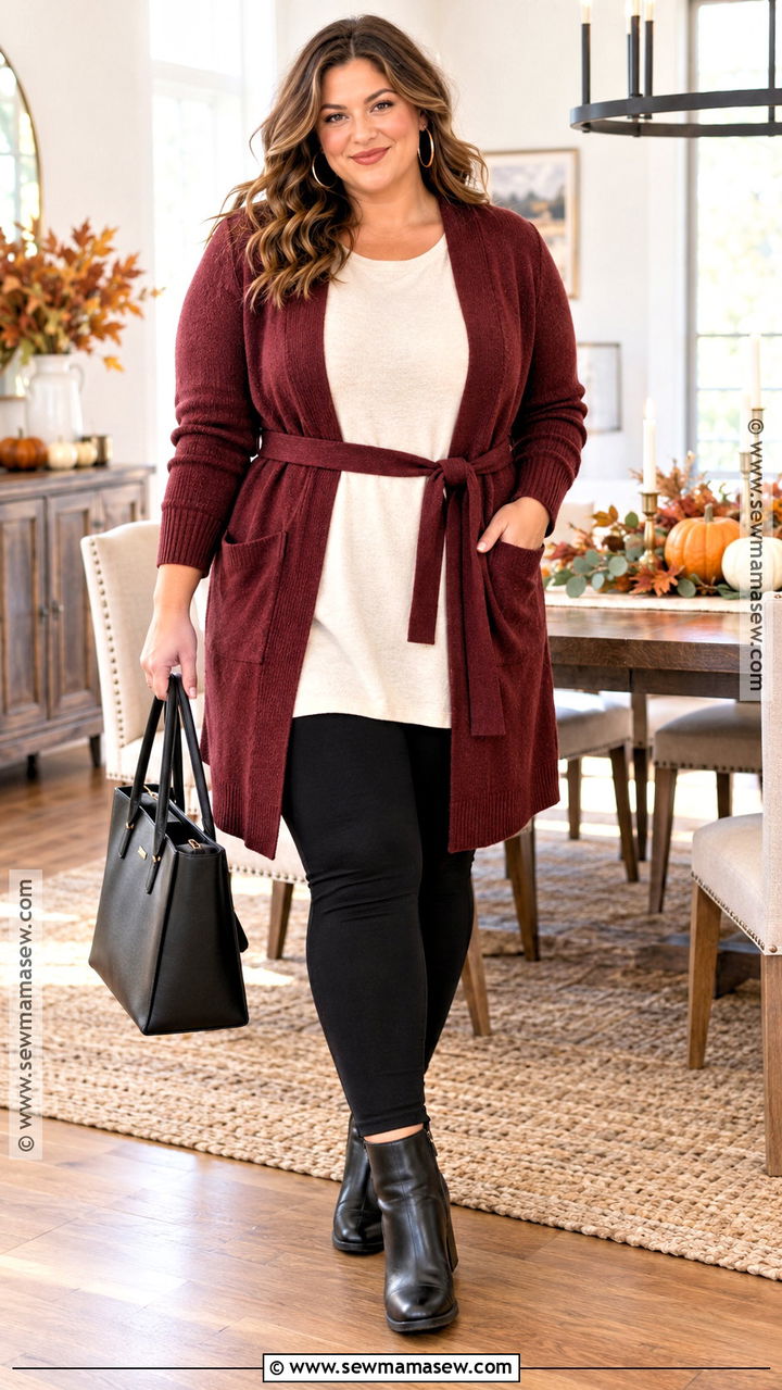 Plus Size Leggings And Belted Cardigan Thanksgiving Outfit - 20 leggings thanksgiving outfit