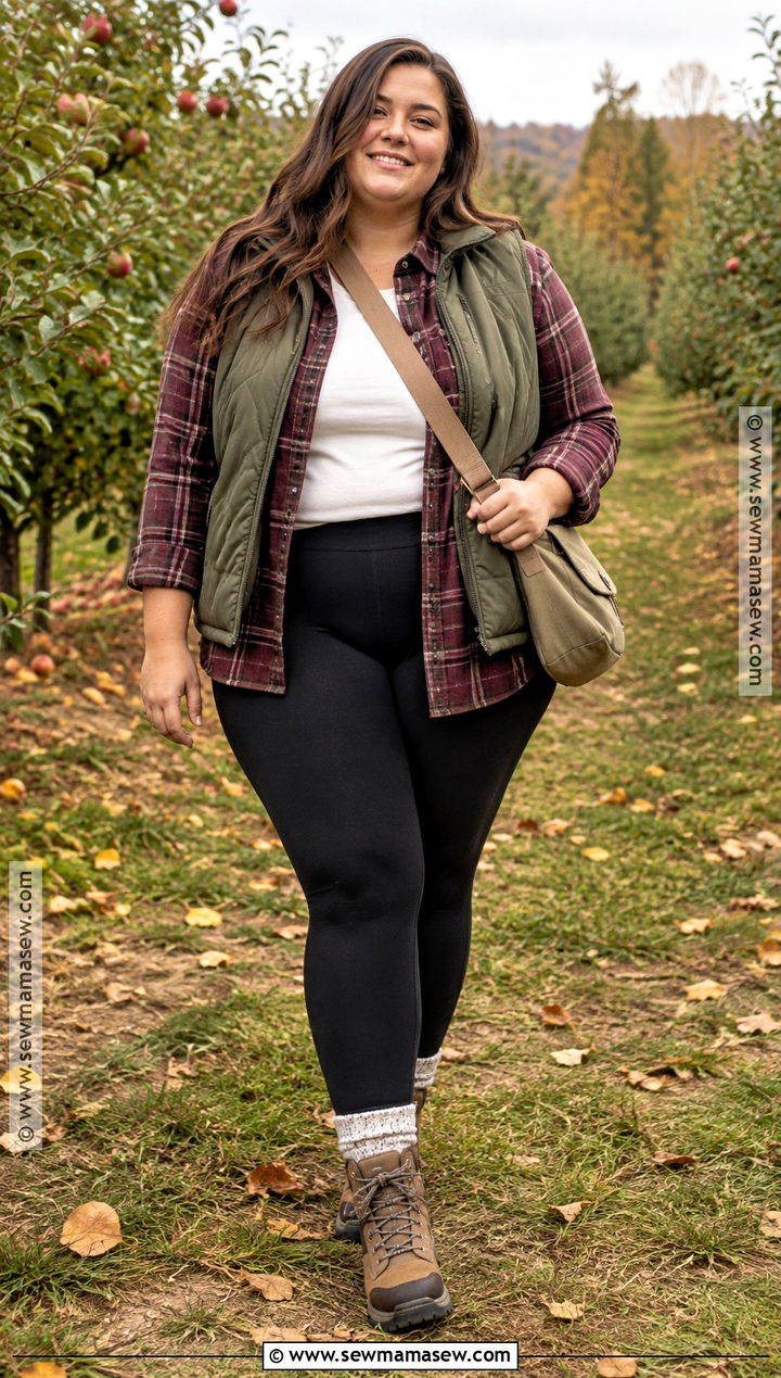 Plus Size Leggings With A Flannel Shirt And Vest - 15 plus size leggings outfit fall casual
