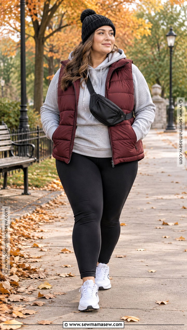 Plus Size Leggings With A Hoodie And Puffer Vest - 15 plus size leggings outfit fall casual