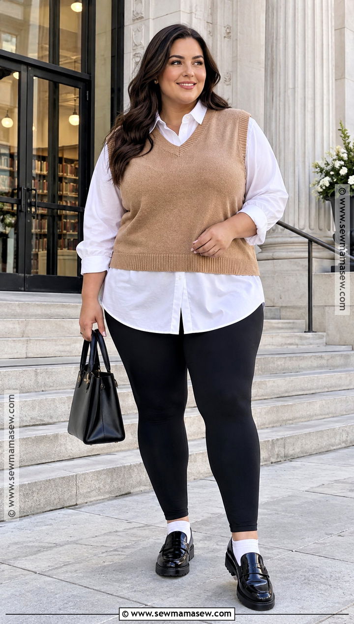 Plus Size Leggings With A Sweater Vest And Shirt - 15 plus size leggings outfit fall casual
