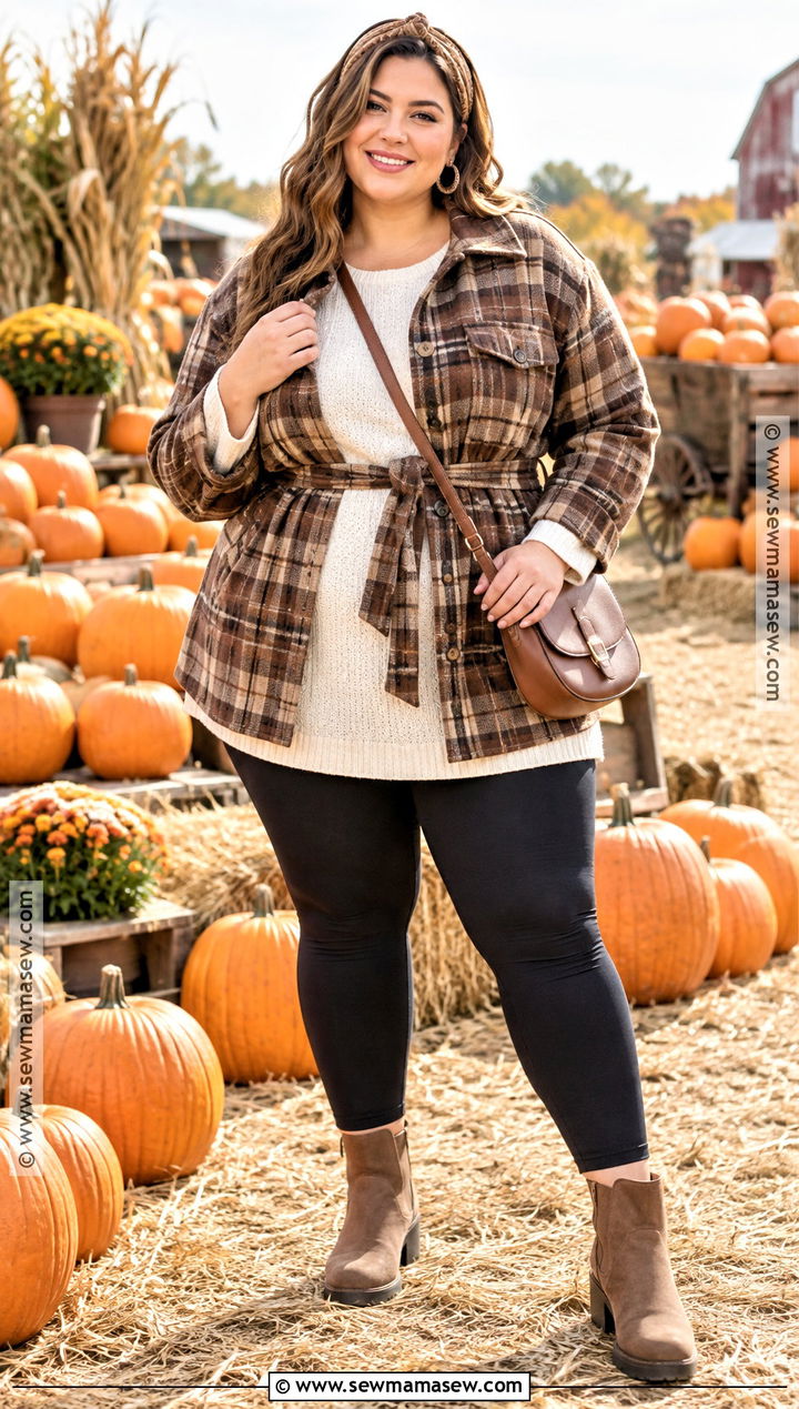 Plus Size Leggings With Belted Shacket And Boots - 20 Pumpkin Patch Outfit Leggings
