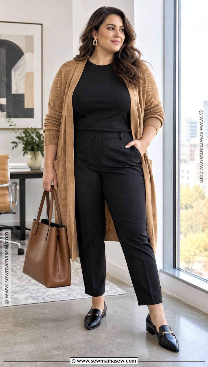 Plus Size Long Cardigan And Tailored Pants Outfit - 15 fall professional outfits women for plus size