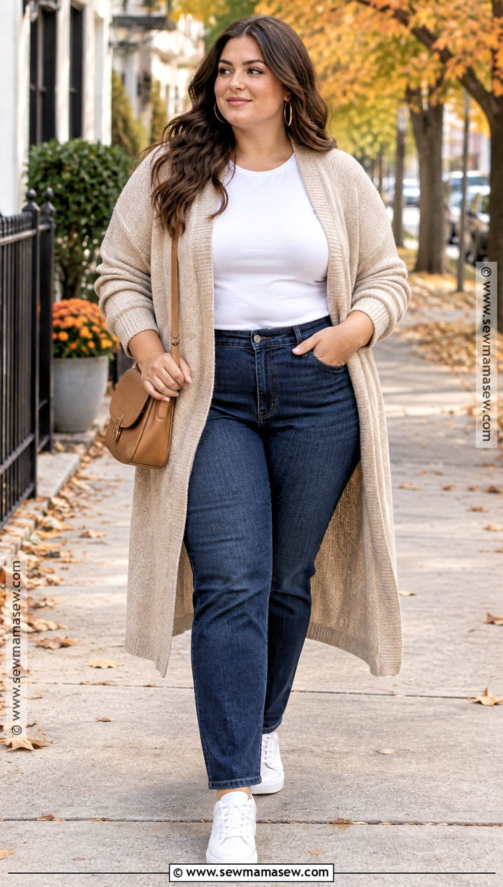 Plus Size Long Cardigan and Straight Leg Jeans Outfit - 30 plus size fall outfit ideas