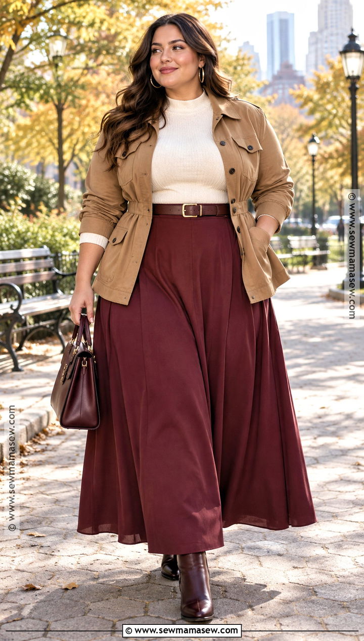 Plus Size Long Skirt Outfit With Belted Jacket - 25 fall outfits long skirt