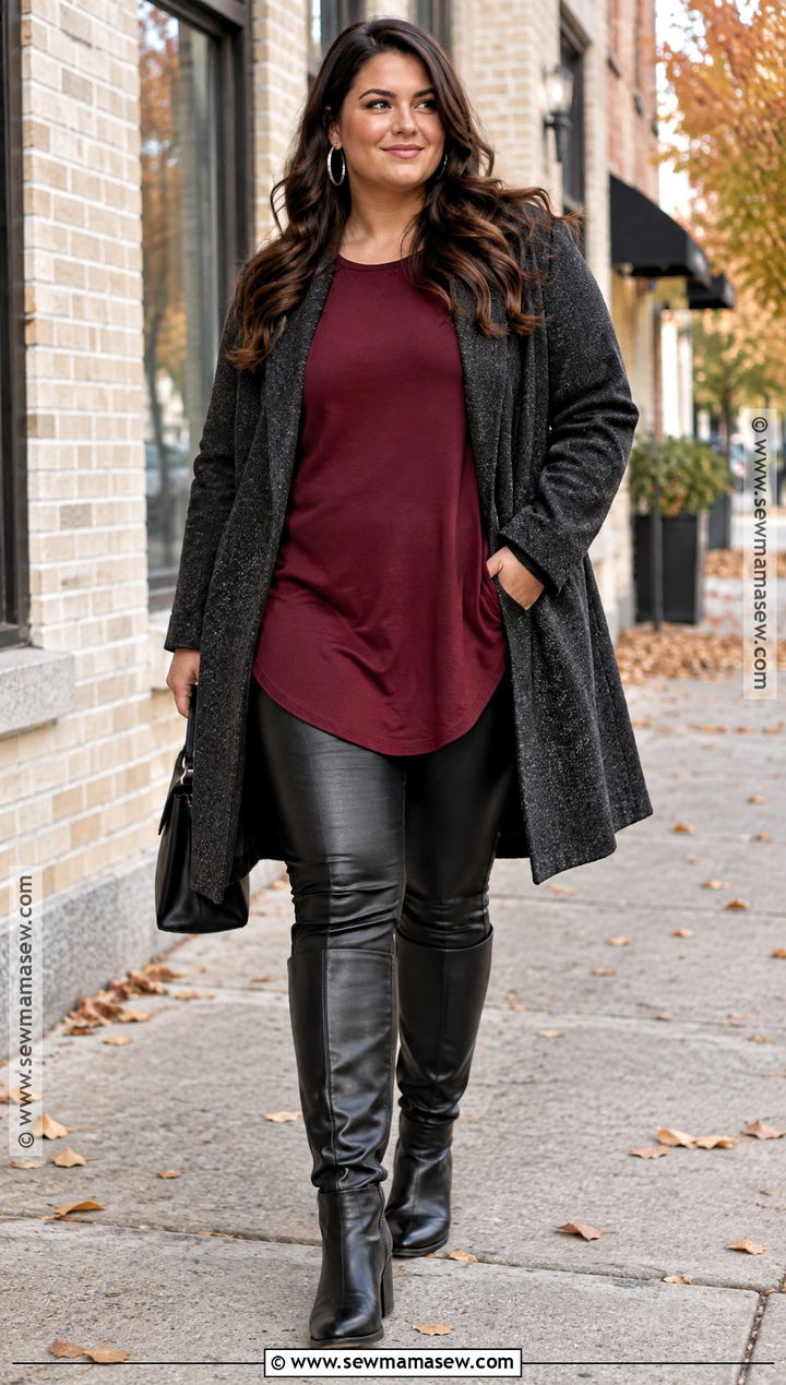 Plus Size Maroon Tunic And Faux Leather Leggings - 15 plus size family photo outfits fall