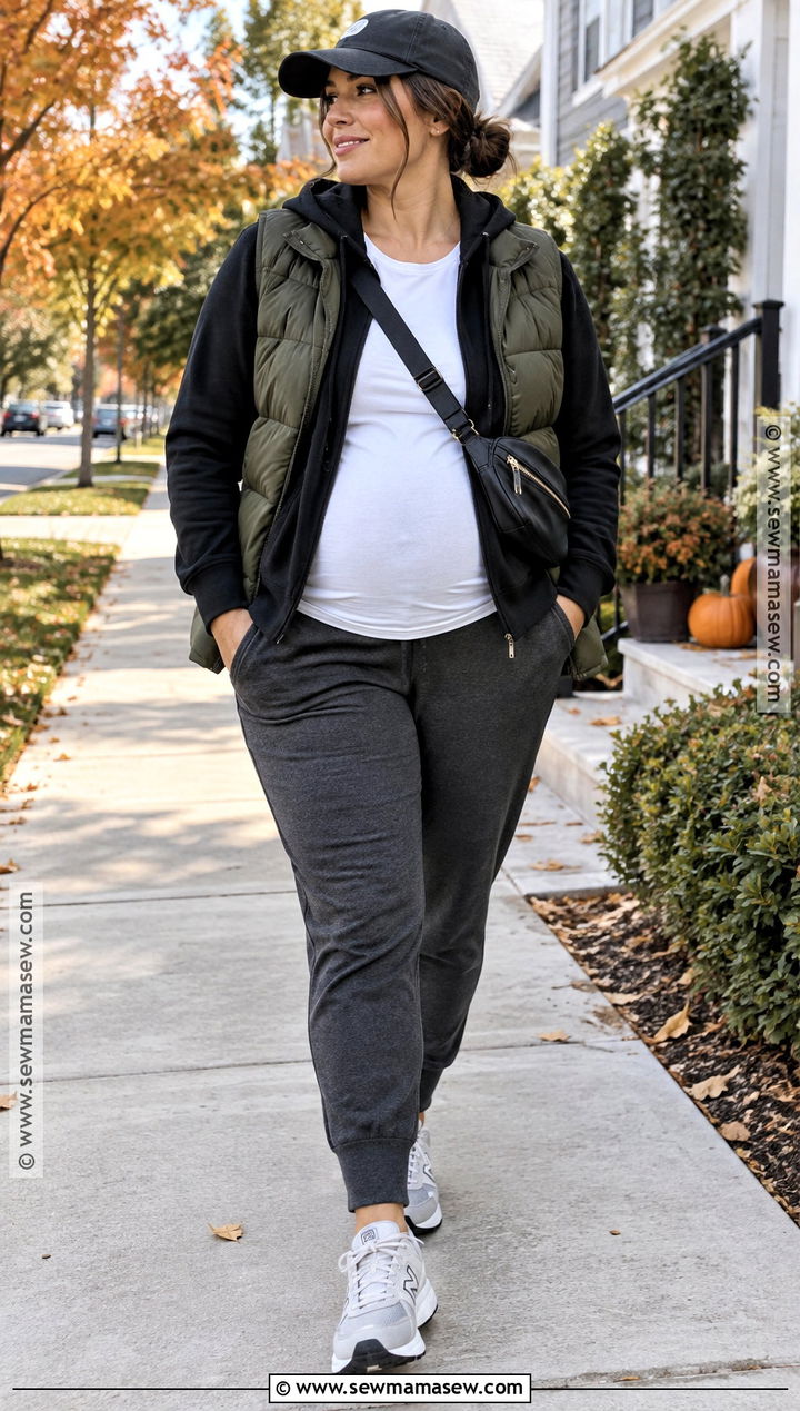 Plus Size Maternity Joggers With Hoodie And Puffer Vest - 15 fall maternity outfits for plus size