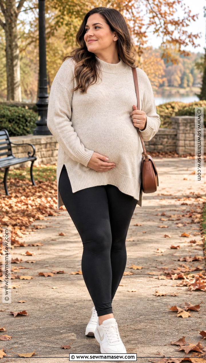 Plus Size Maternity Leggings With Oversized Sweater And Sneakers - 15 fall maternity outfits for plus size