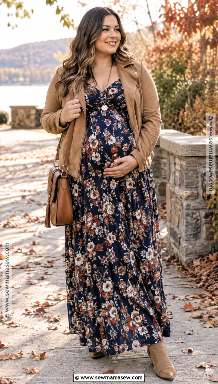 Plus Size Maternity Maxi Dress With Moto Jacket And Booties - 15 fall maternity outfits for plus size