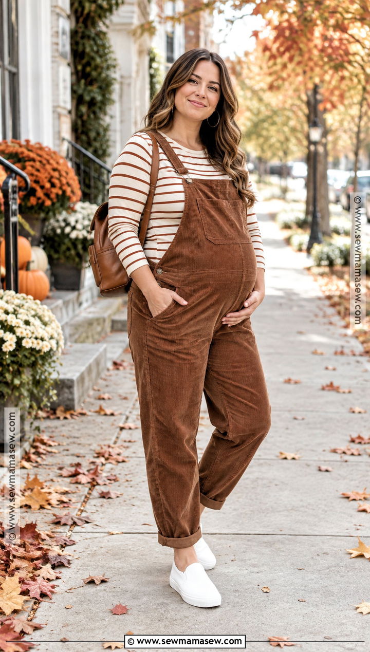 Plus Size Maternity Overalls With Striped Tee And Sneakers - 15 fall maternity outfits for plus size