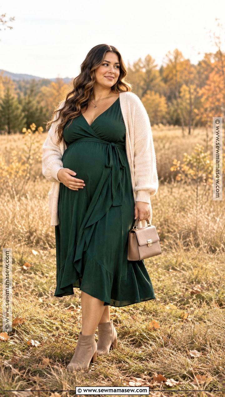 Plus Size Maternity Wrap Dress With Cardigan And Booties - 15 fall maternity outfits for plus size