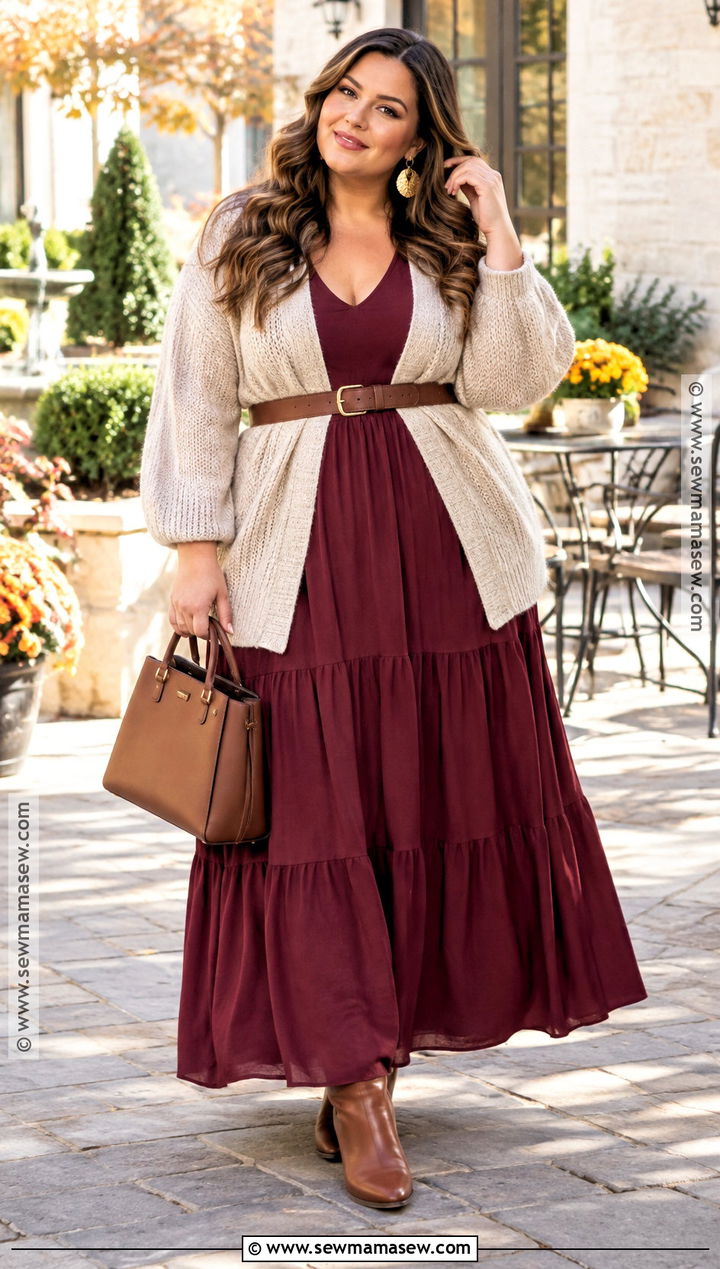 Plus Size Maxi Dress With Belted Cardigan - 25 Fall Maxi Dress Ideas