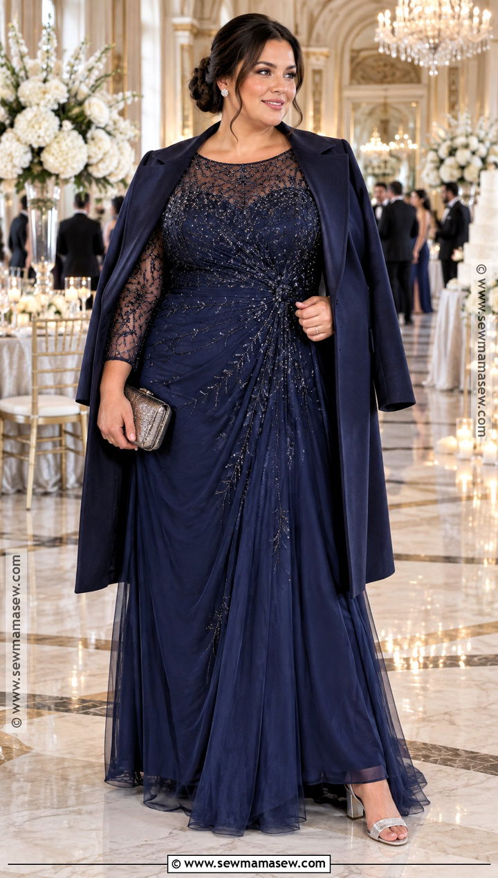 Plus Size Midnight Blue Beaded Gown - 20 fall wedding dress ideas for plus size