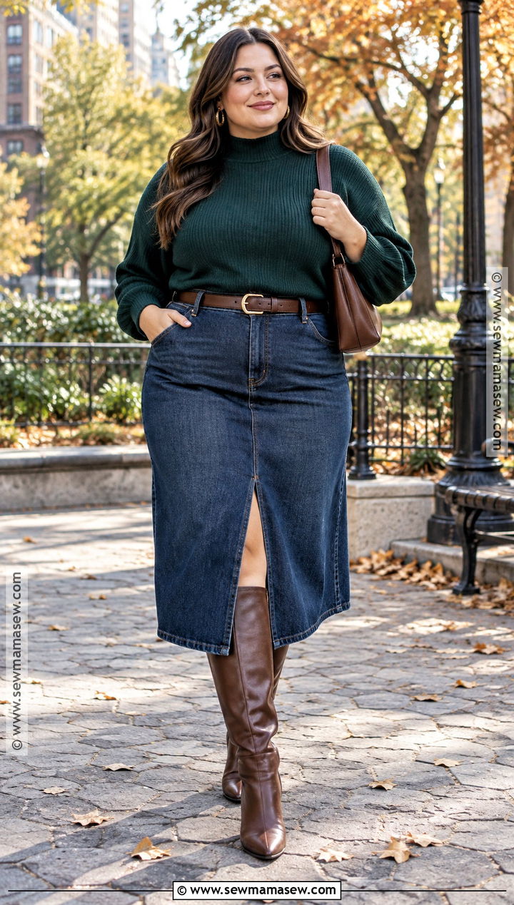 Plus Size Mock Neck With Denim Midi Skirt And Boots - 20 Plus Size Fall Capsule Wardrobe Ideas