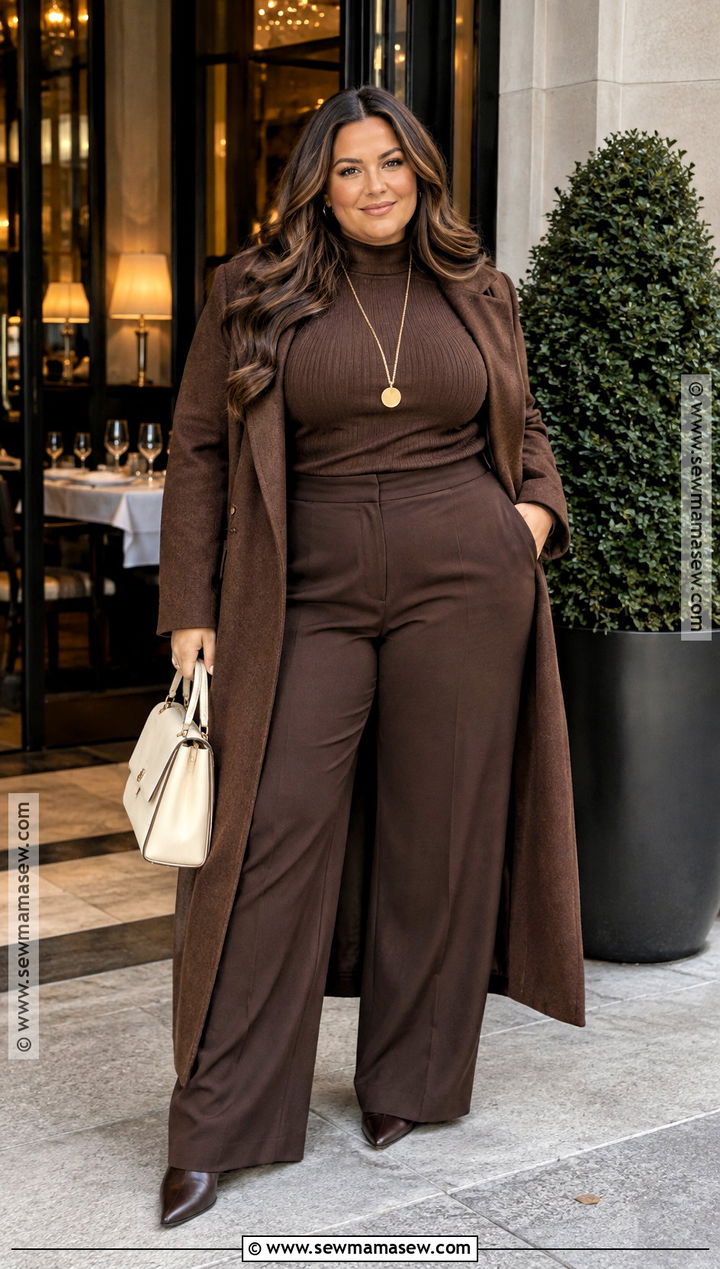 Plus Size Monochrome Pants Set With Long Coat - 15 date night fall outfits for plus size